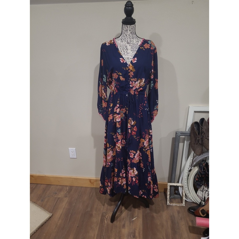 Lula Soul Boho Floral Midi maxi Dress hi low button front Women SZ L bell sleeve